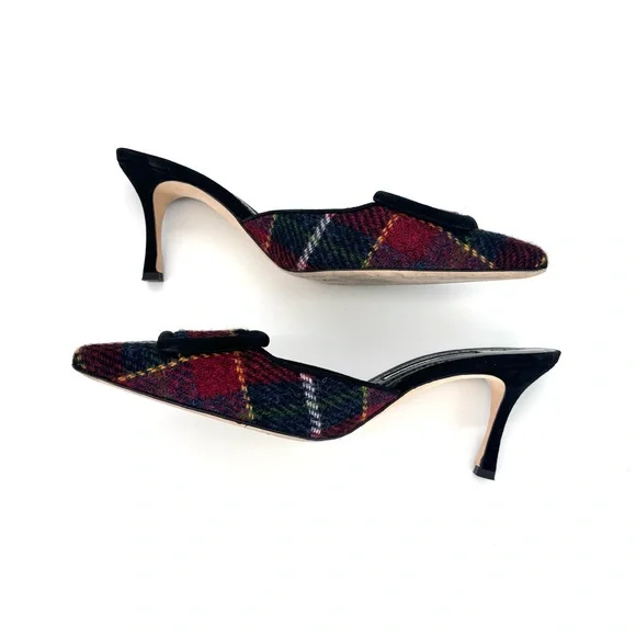 Manolo Blahnik Maysale Plaid Tweed Slip On Kitten Heel Mules 39.5 - Picture 7 of 10